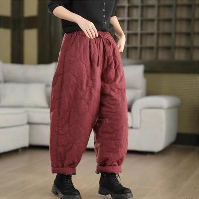 Women Vintage Warm Pants Elastic Waist Solid Color Winter Trousers Pockets Female Casual Long Pants