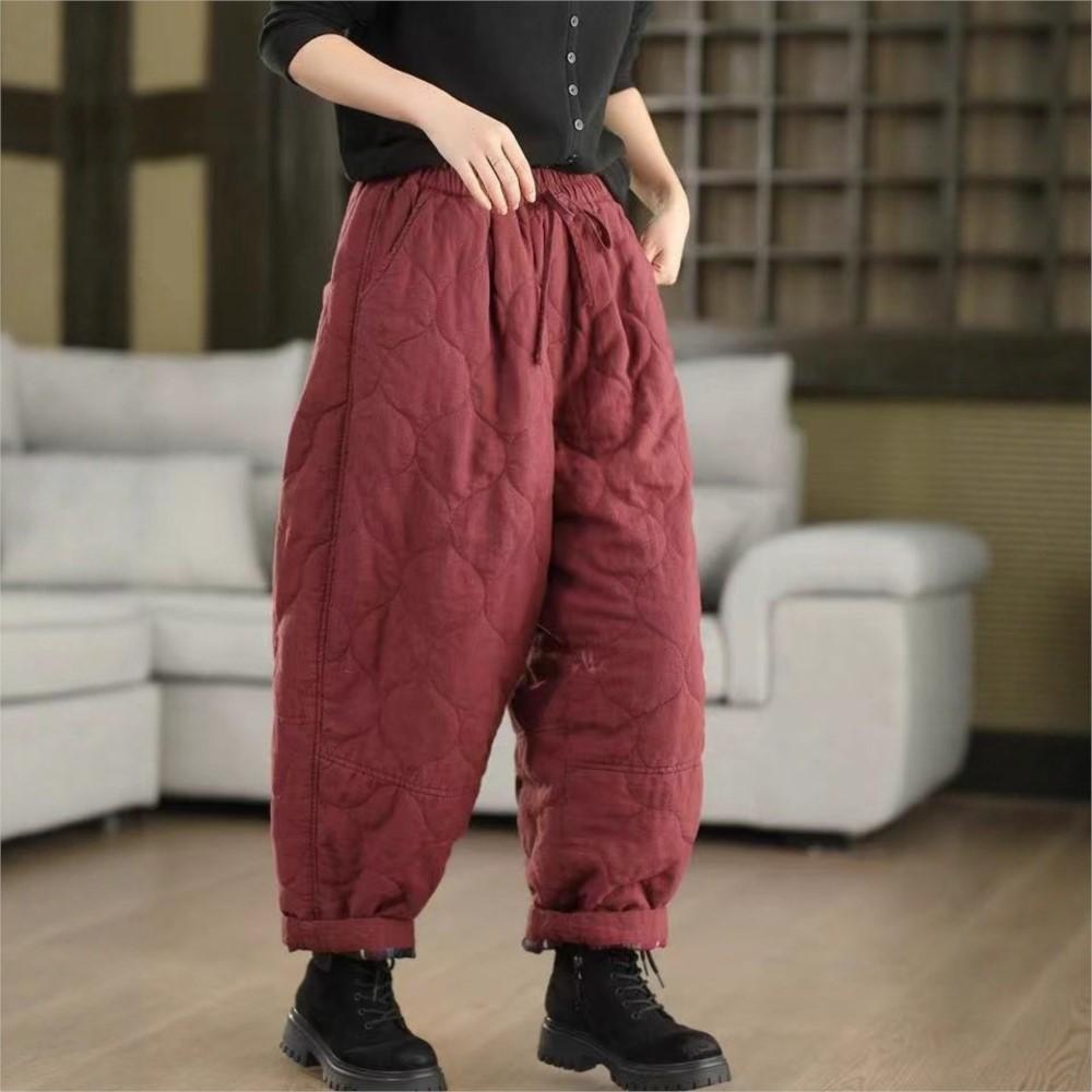 Johnature Damen Vintage Warme Hosen Elastischer Bund Einfarbig Winterhosen Taschen Weibliche Lässige Lange Hosen