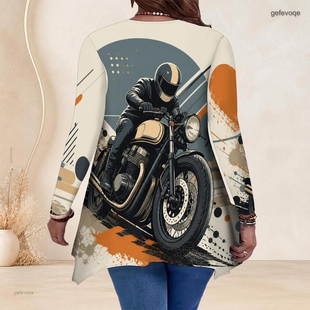 Women Plus Size V Neck Long Sleeve Motorcycle Printed Asymmetric Hem Tunic Top