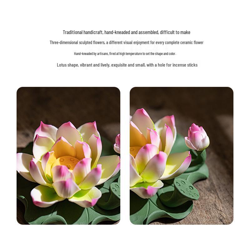 Ceramic Handmade Lotus Incense Holder - No Ash Falling, Indoor Stick Incense Base Ornament