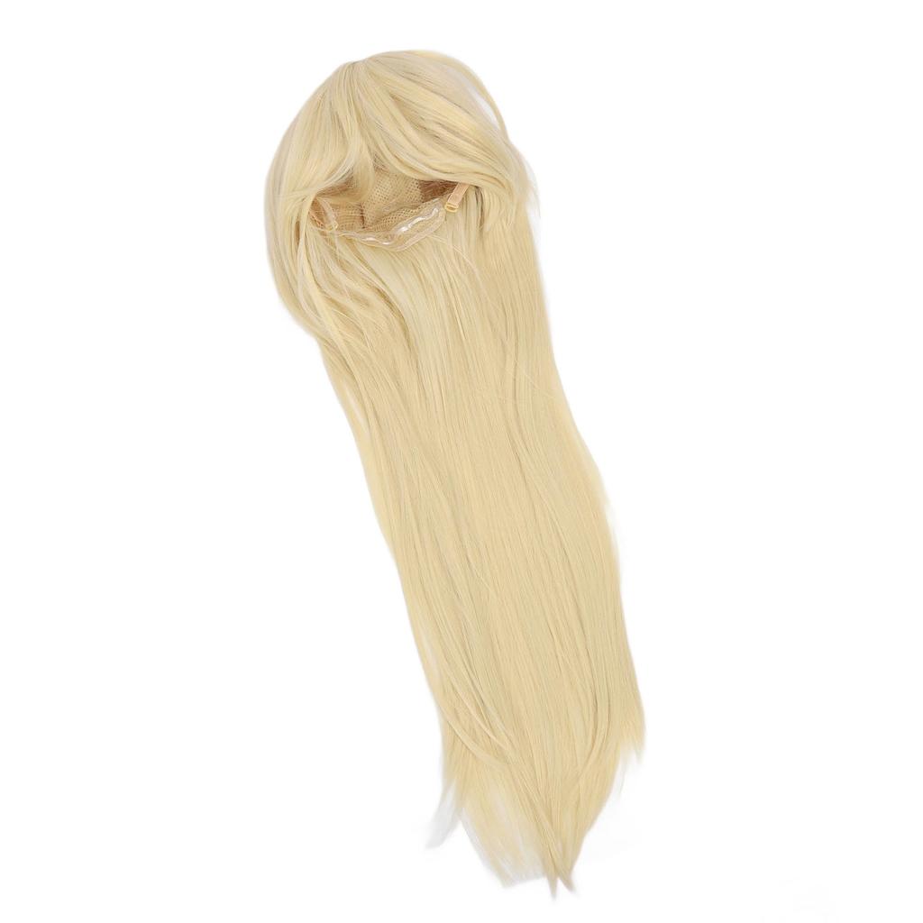Women Long Blonde Wig with Bangs Synthetic Secure Fit Heat Resistant Fluffy Pale Gold Cosplay Long Blonde Wig