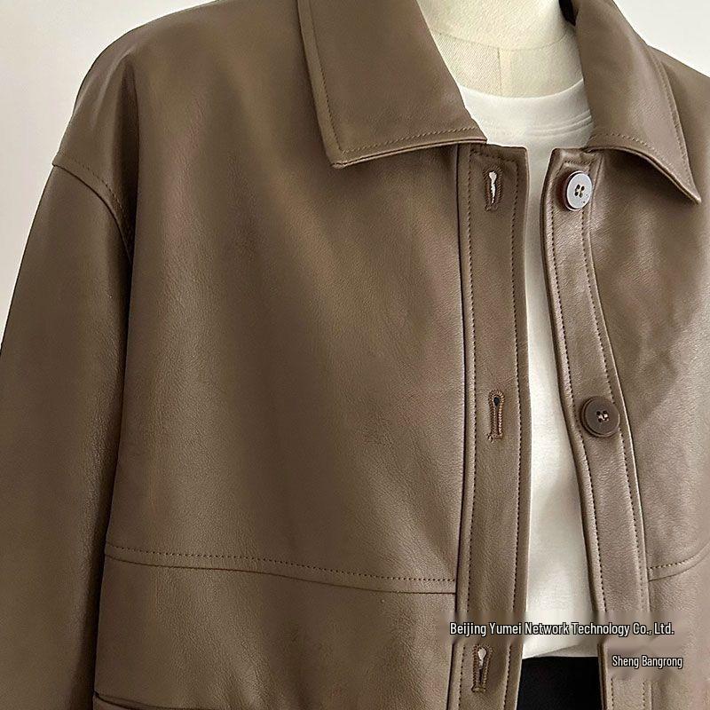 Women's Short Solid Color Leather Jacket - 2025 Spring/Autumn Collection