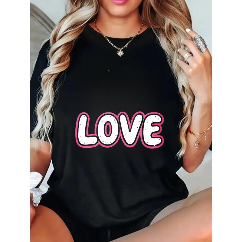 Women's Short-Sleeve T-Shirt with Pink Border 3D "LOVE" Letter Print