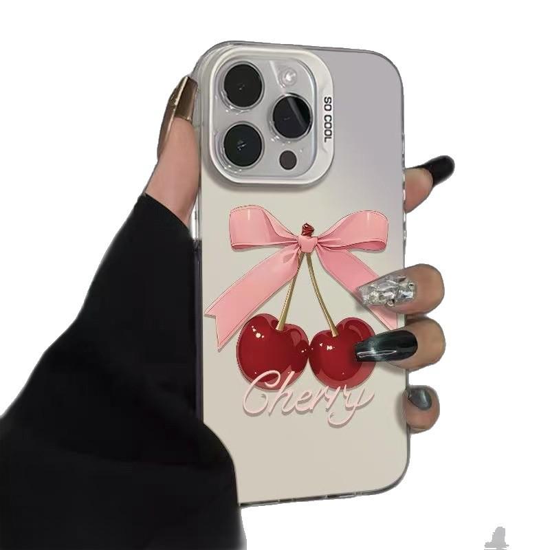 Silver Cherry Bow Phone Case for Apple 12 to 16 Pro Max