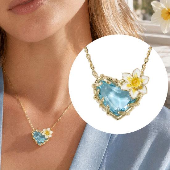 Birthstone Heart Necklace Birth Stone and Flower Pendant Necklace Jan to Dec