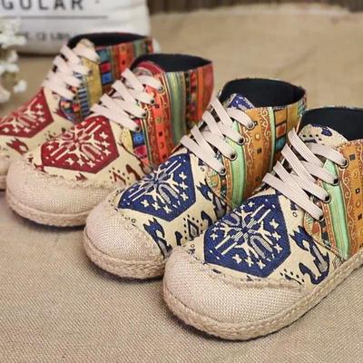 Handmade Embroidery Round Toe Lace-up Floral Sewing Linen Cotton Shoes Ankle Boots For Women