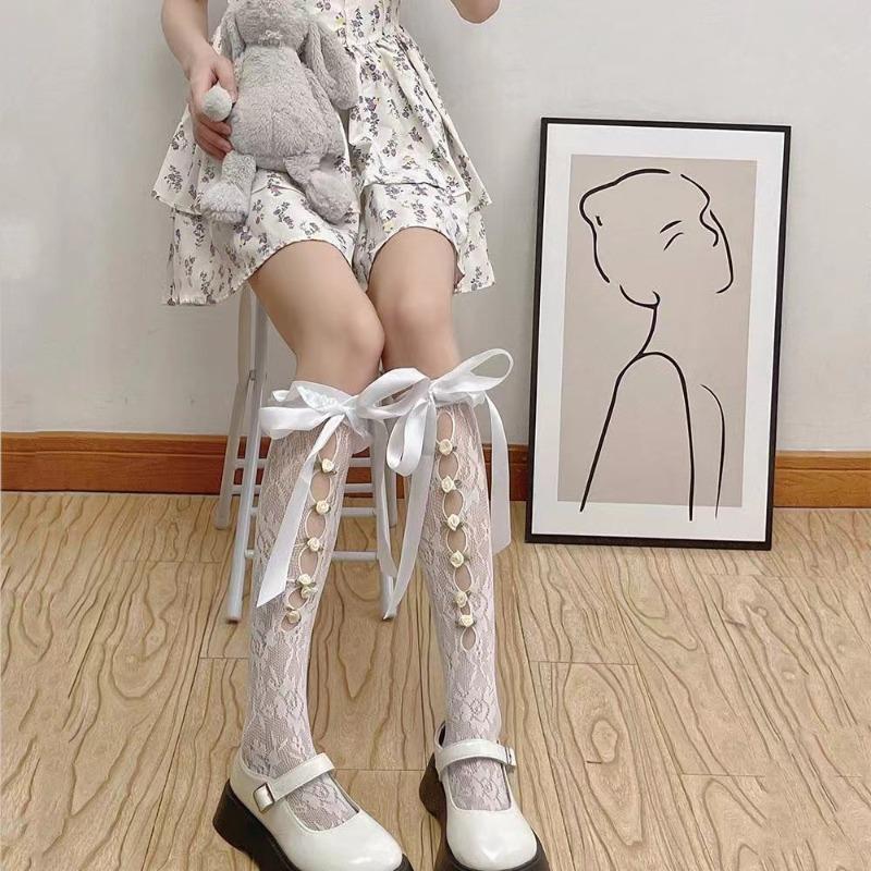 Women Sexy Lace Mesh White Black Fishnet Knee High Long Socks Lingerie Cute Gothic Style Ruffles Hollow Bow JK Lolita Stockings