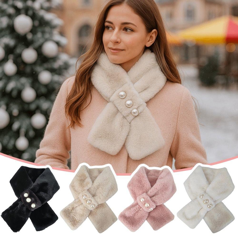 Imitation Pearl Faux Rabbit Fur Scarf Solid Color Neck Warmer Cute Plush Collar For Women Girls