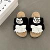 Bear lace bow girl fluffy slippers outer wear autumn and winter cute cartoon thick-bottomed indoor one-word slippers