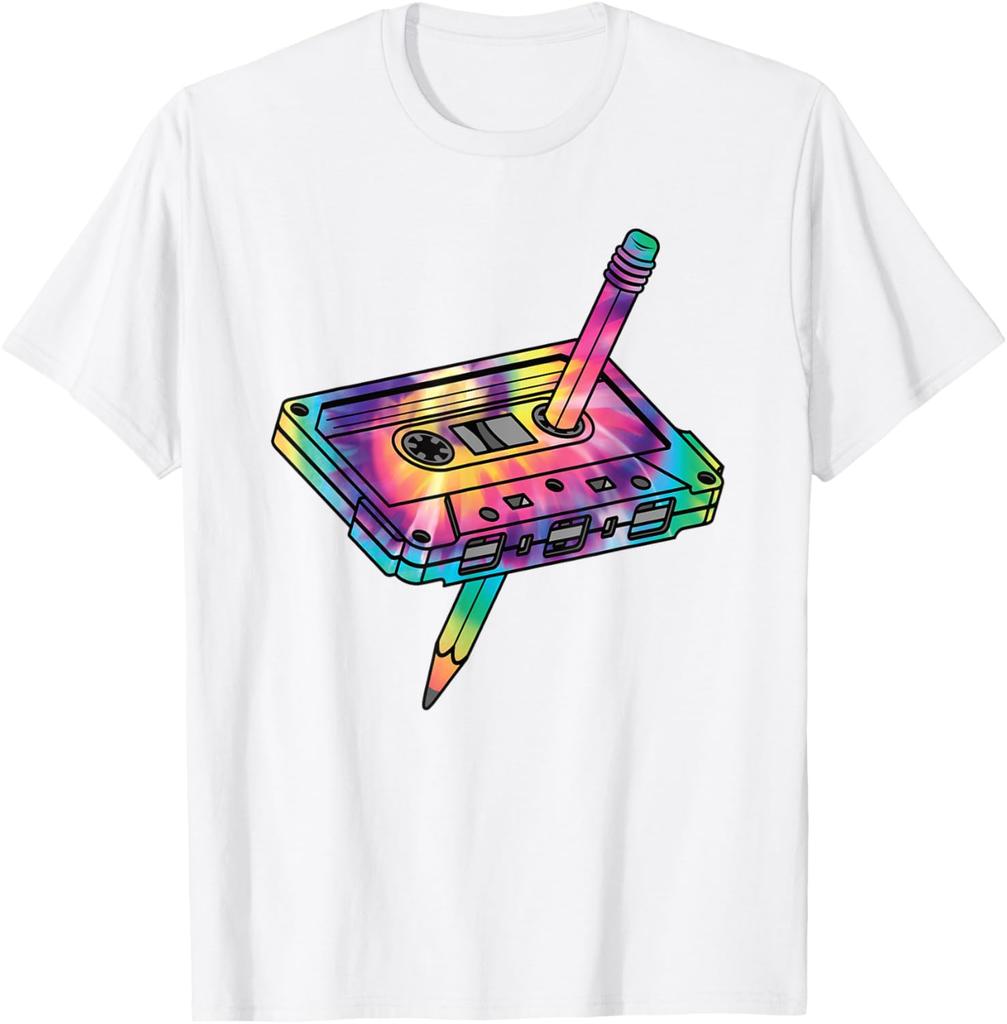 Retro Cassette Tape Tie Dye Graphic Tee 80s 90s Music Lover Casual Cotton T-Shirt