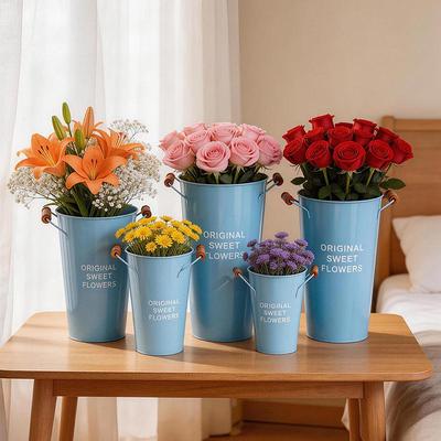 Secchio Fiori in Latta Stile Nordico - Grande Vaso Decorativo per Fiori Freschi, Uso Domestico o per Fioristi, Vaso da Terra Profondo in Ferro per Acqua.