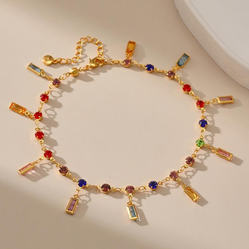Gold Plated Multi-Color CZ Charm Anklet With Extension Chain разноцветный