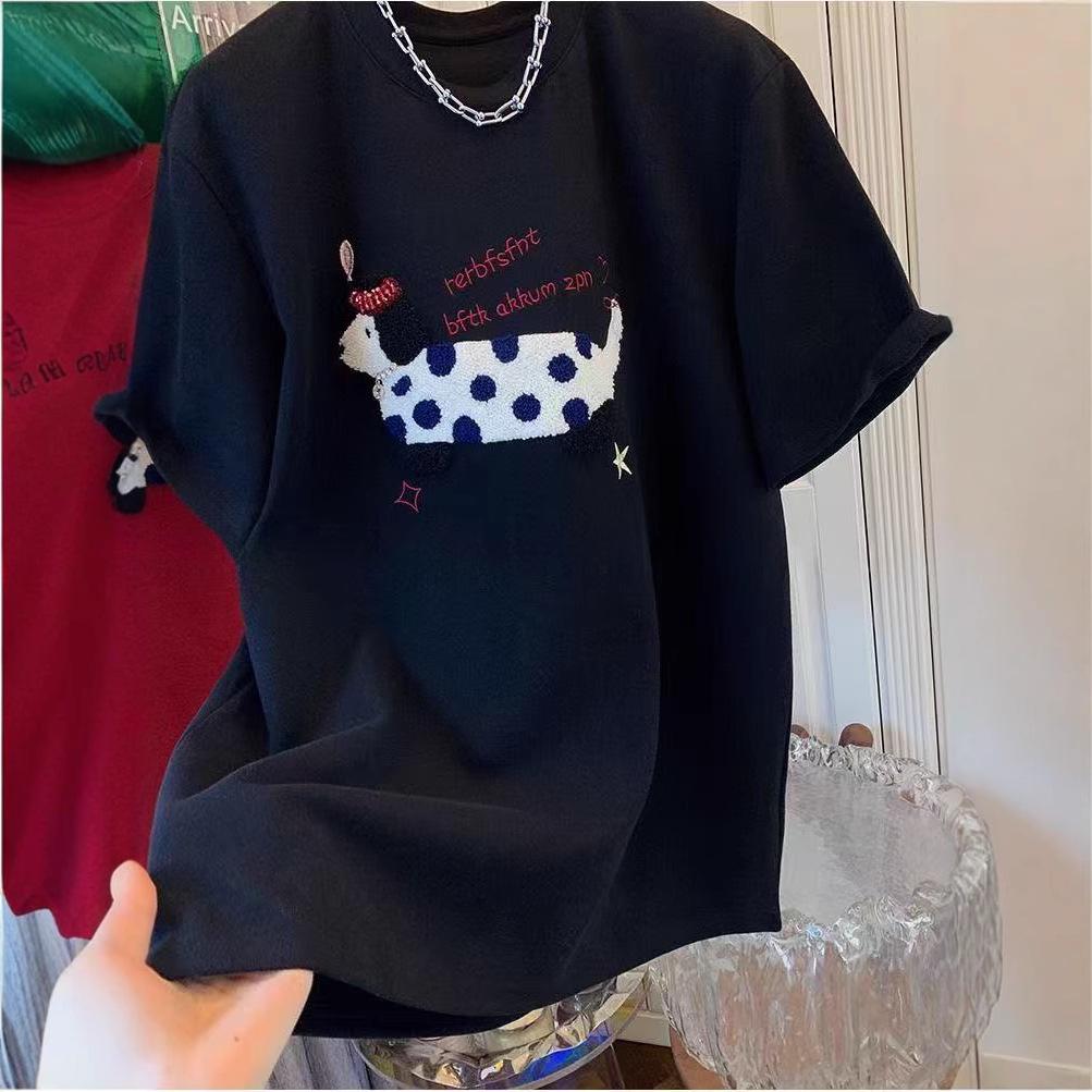 European Plus Size Embroidered Dog Thick Short Sleeve Women's T-shirt for Spring/Autumn