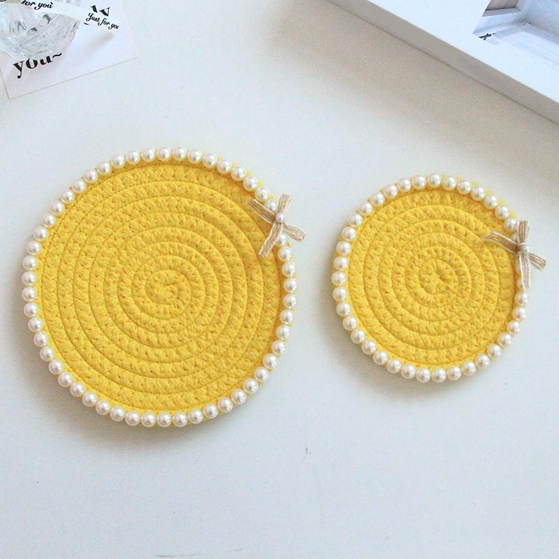12cm*12cm Bowknot Chic Multiple Colors Ornament Pearl Handmade Cotton Rope Creative Coffee Cup Pad Home Table Decor Accessories