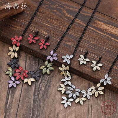 Colored Leaf Earrings Necklace Set Leaf Coarse Necklace Earrings Necklace Women's Jewelry Set