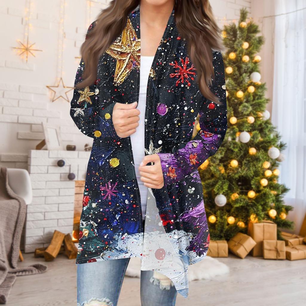 Women's Fashion Casual Christmas  Print Medium Length Cardigan Jacket Coat