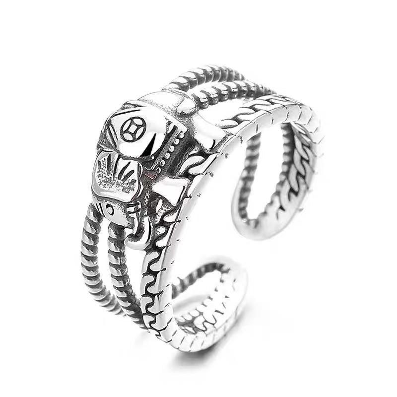 Yin Taifei Thai Silver Elephant Coin Multilayer Ring: Ethnic Style Good Luck Index Finger Ring Adjustable