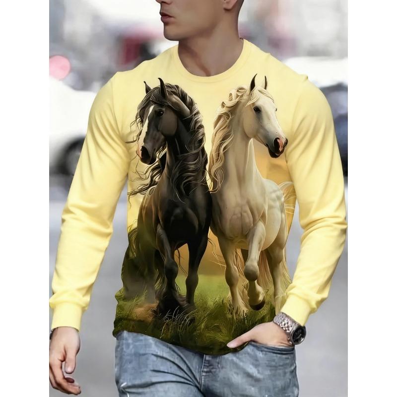 Men's T-Shirt Running Horse Graphic 3D Print Fashion Long Sleeve Crew Neck Tee Shirt Casual Summer Personality Men's Top