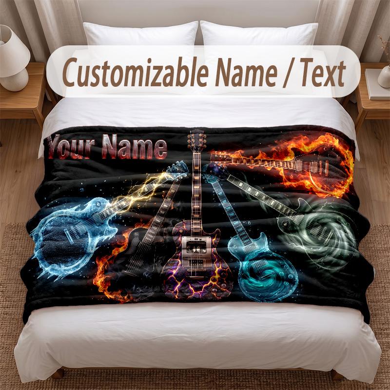 Music Guitar Theme Soft Blanket Personalized Custom Name Text Print Warm Blanket Home Sofa Bedroom Decor