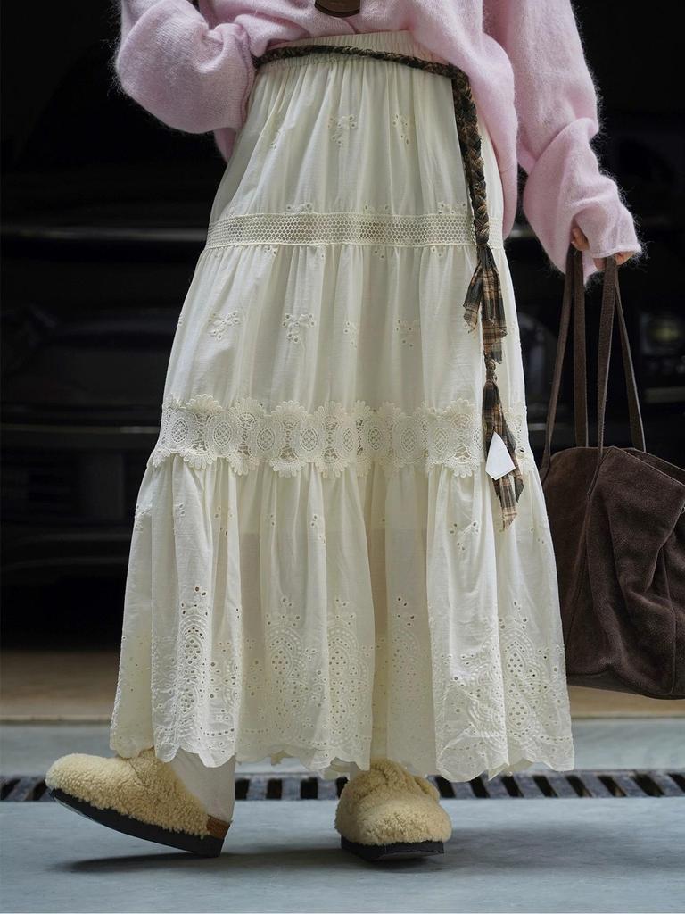 Women's High Waist A-line Lace Patchwork Skirt with French Embroidery - Spring 2026 Collection