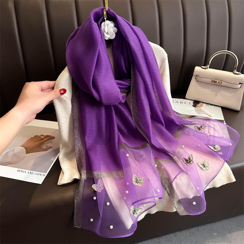 

Autumn And Winter New Imitation Silk Thin Silk Scarf Female Butterfly Embroidery Nail Beads Fashion Scarf Warm Cold Shawl 70*180CM фиолетовый