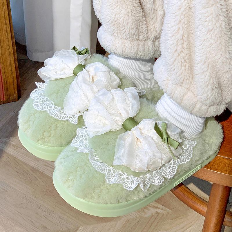 Thick-bottomed Cotton Slippers Women's Autumn and Winter Outdoor Wear Indoor Home Cute Girl Heart Bow Plush Slippers Women's Winter