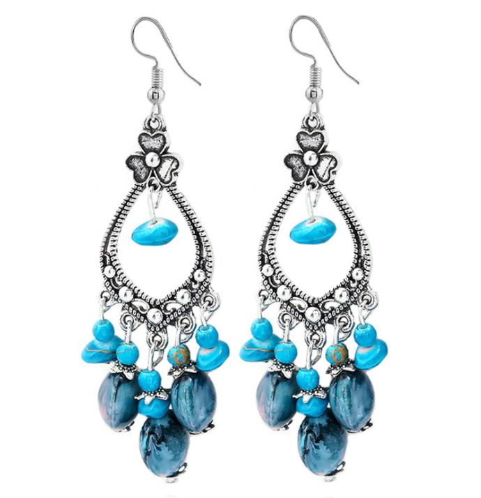 Bohemian Ethnisch Lang Blau Acryl Kristall Wassertropfen Ohrringe für Damen Retro Temperament Geometrisch Hängende Ohrringe Schmuck