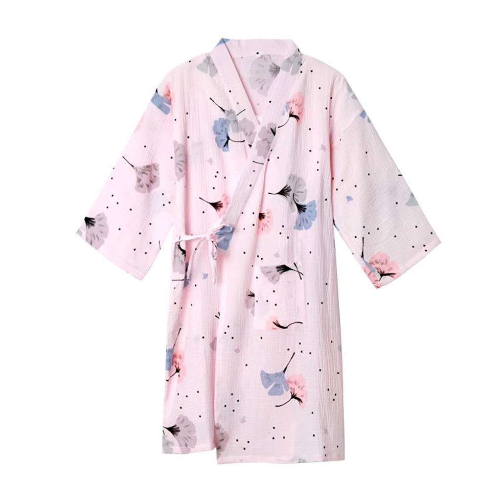 Women's Jinbei Bathrobe, Double-Layered Gauze One-Piece Dress Gown, Makeup Wear, Sleepwear, 100% Cotton, Long Sleeve, Open Front, Easy To Put On and T