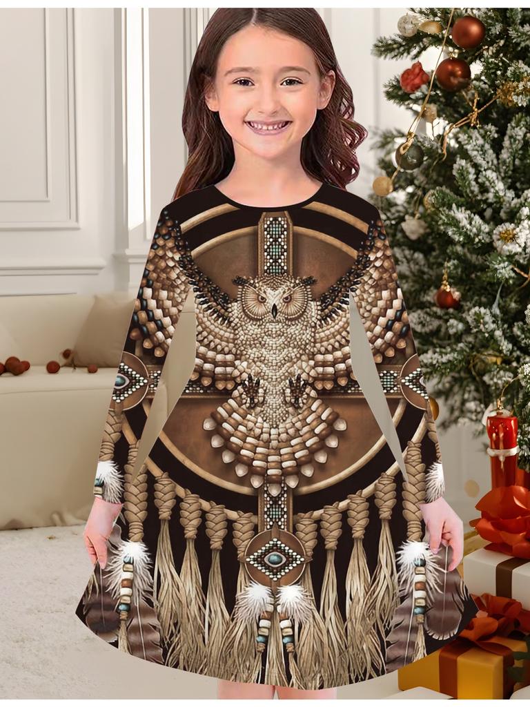 Girls' Autumn and Winter Fashion Dress, 3D Abstract Pattern Print  Round Neck Long Children's T-shirt Dress, Casual Versatile, Christmas Clothing