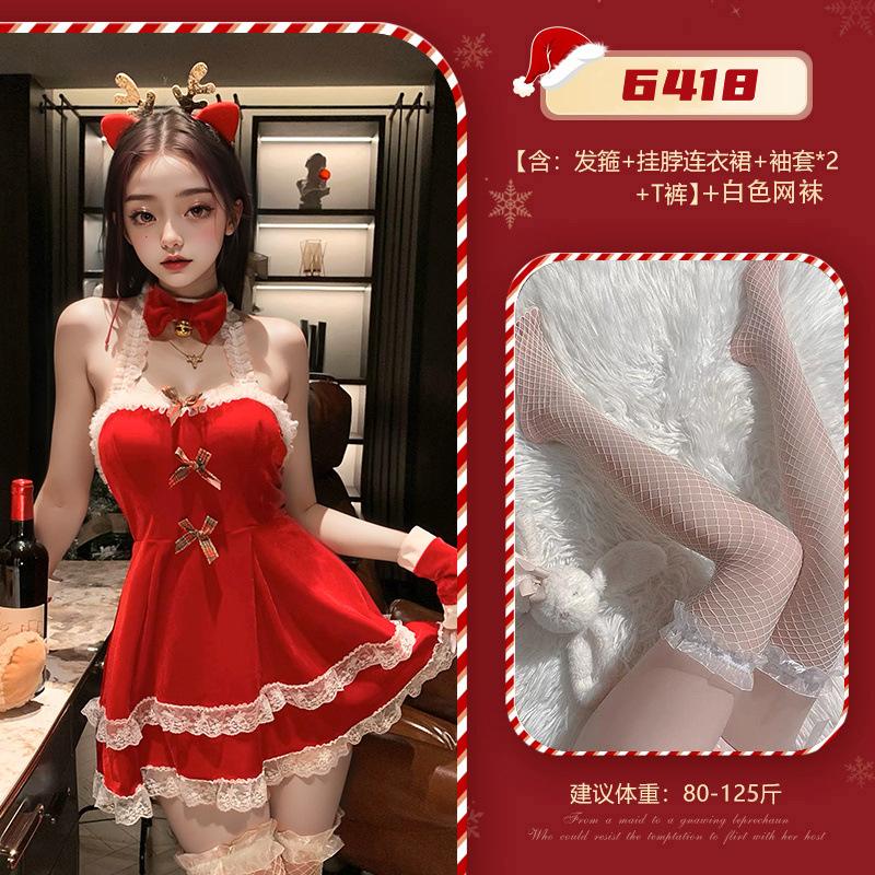 New Christmas Sexy Lingerie, Sexy Lace Pure And Alluring Style, Red Velvet Halter Passionate Uniform 6418
