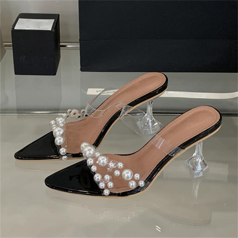 

Eilyken Новые летние туфли-лодочки с острым носком, кристаллами и высоким каблуком, женские шлепанцы, прозрачные ПВХ, с жемчугом, для банкета, вечеринки, слайды 35 чёрный