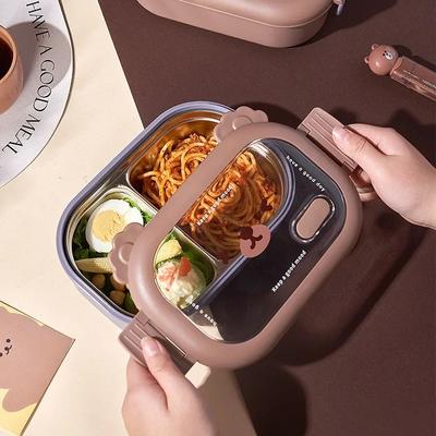 Cute Bear-Shaped Lunch Box Stainless Steel Double Grid Bento Box with Heat Preservation Dividers for Students Office Workers