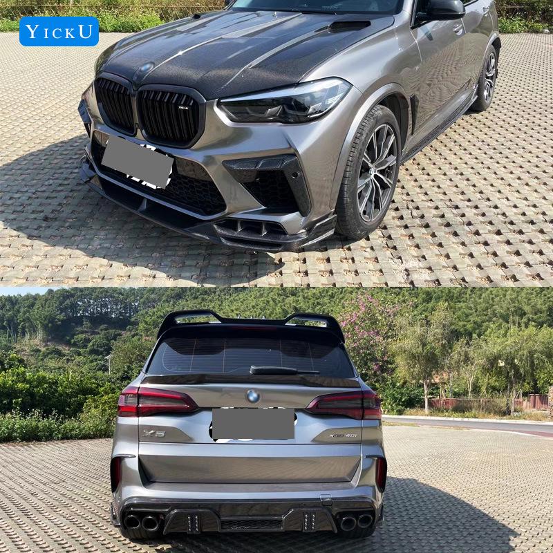BMW X5M F95 Carbon Fiber Body Kit: Front Lip Splitter, Rear Lip, Side Skirts, Wind Deflectors, Tail Wing with Lights.