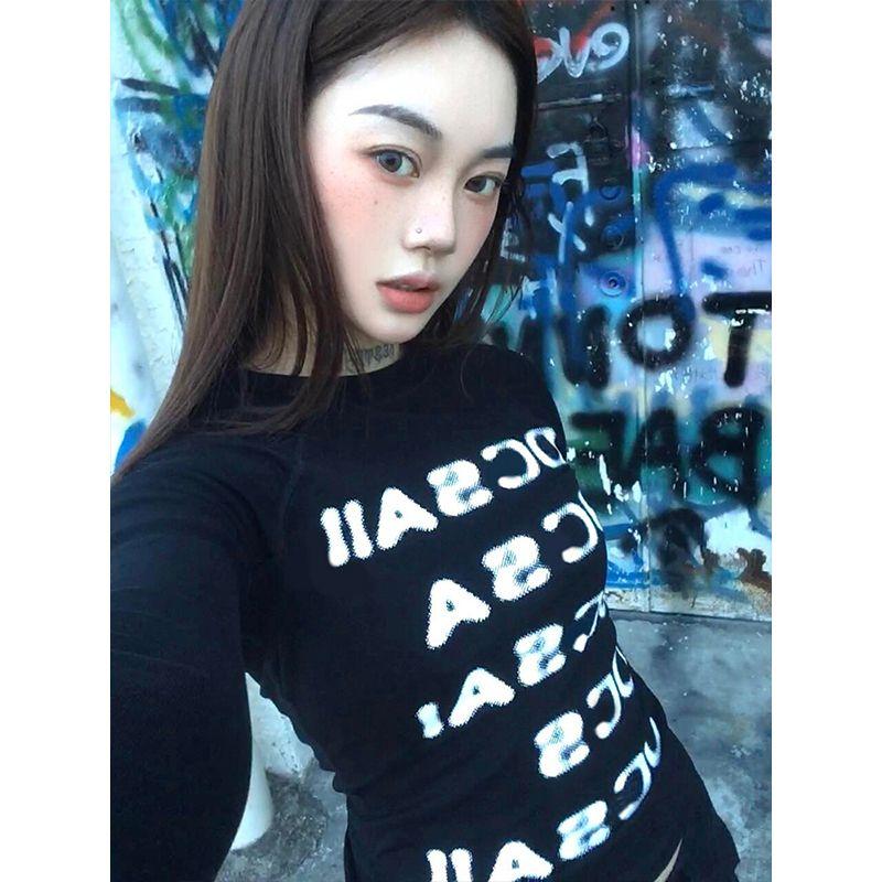 Vintage Print Graphic Tops Black Skinny Letter T Shirt Women Y2k American Retro 90s Crop Tops Streetwear Fashion Tees
