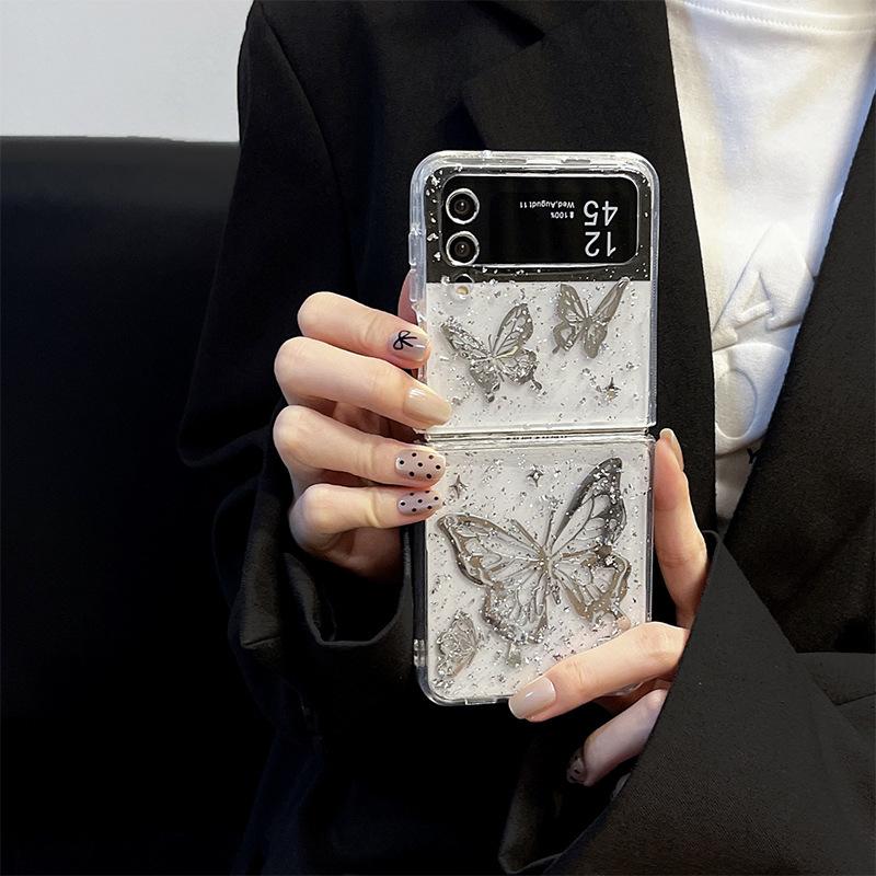 For Samsung Droplet Flip Phone Case for Zflip6 Butterfly Zflod5 Sparkling Silver Foil Premium 24flip