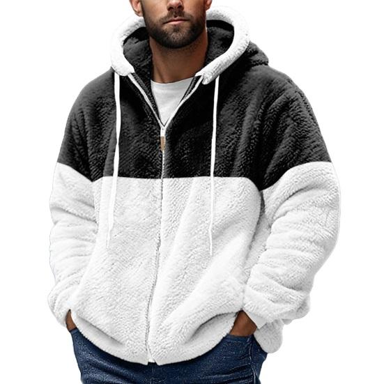 Men Winter Coat Thick Fleece Drawstring Hooded Colorblock Zip-up Long Sleeves Windproof Heat Retention Cardigan Outdoor Travel Jacket M