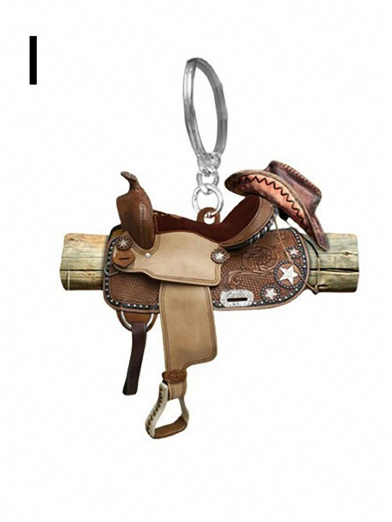 1 Pc Western Cowboy Saddle Acrylic 2D Keychain Pendant Personalized Decoration Universal Men's and Women's Flat Keychain