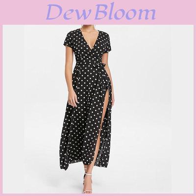 Vestido de mujer de manga corta con cuello en V, estilo evasé, con elegante estampado de lunares y detalle de abertura