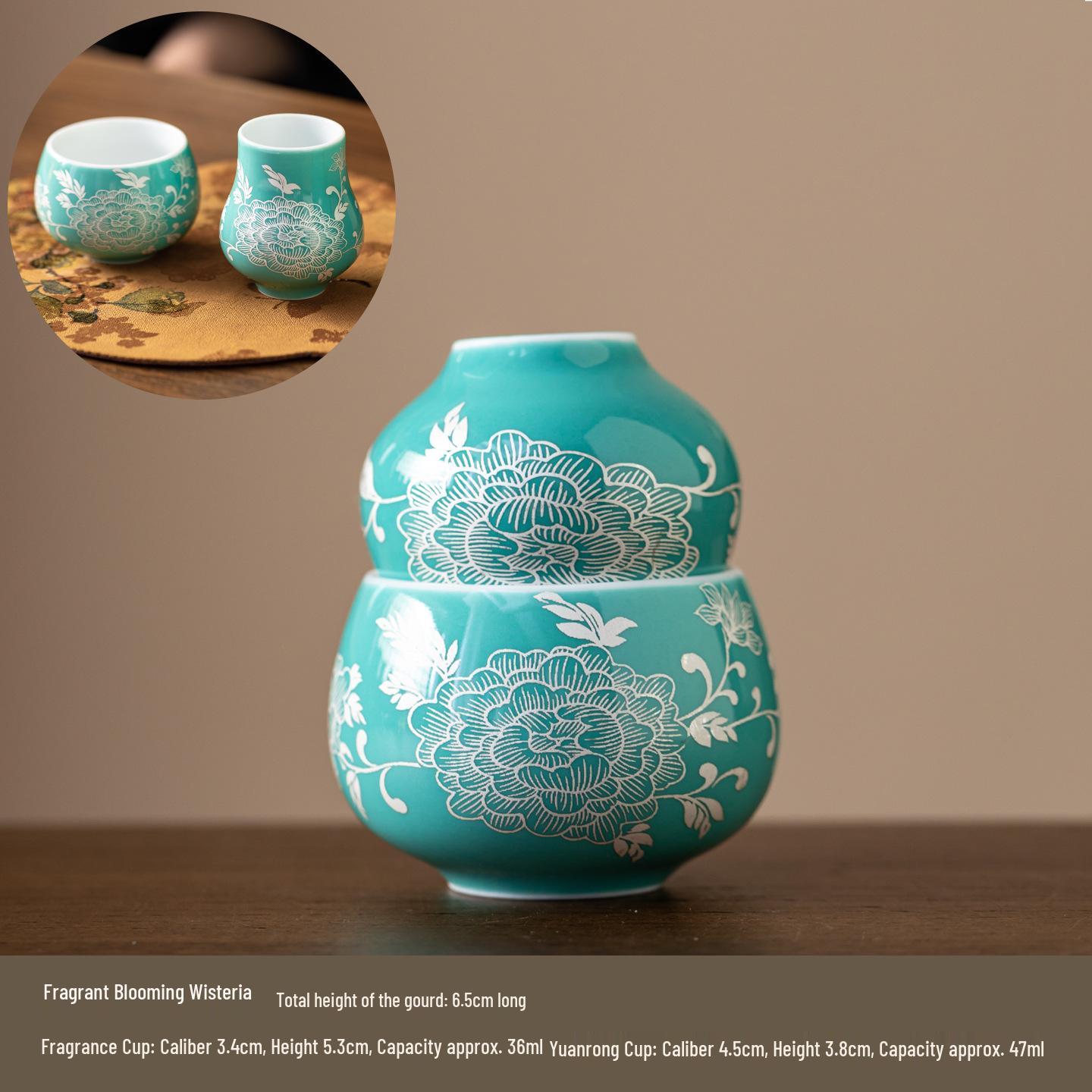 Silver Peony Dragon Tea Set: Ceramic Teapot with Gourd Pair Cups for Kung Fu Tea Ceremony. Colored Pattern