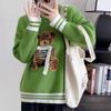 Harajuku Japanese Cute Bear Embroidery Sweater Women Y2K Kawaii Loose Jumper O-neck Winter Pullover Long Sleeve Black White