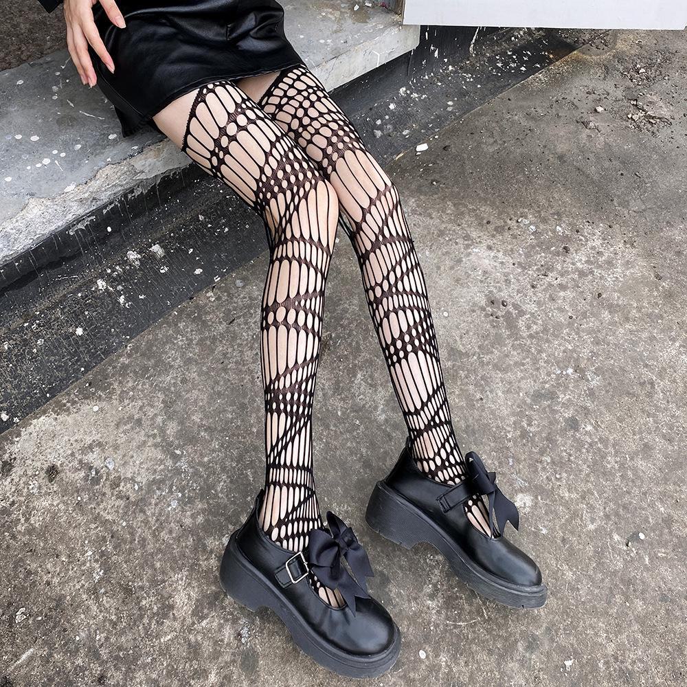 Japanese Style Sheer Black One-Piece Lace Garter Stockings with Open Crotch and Non-Slip Design
