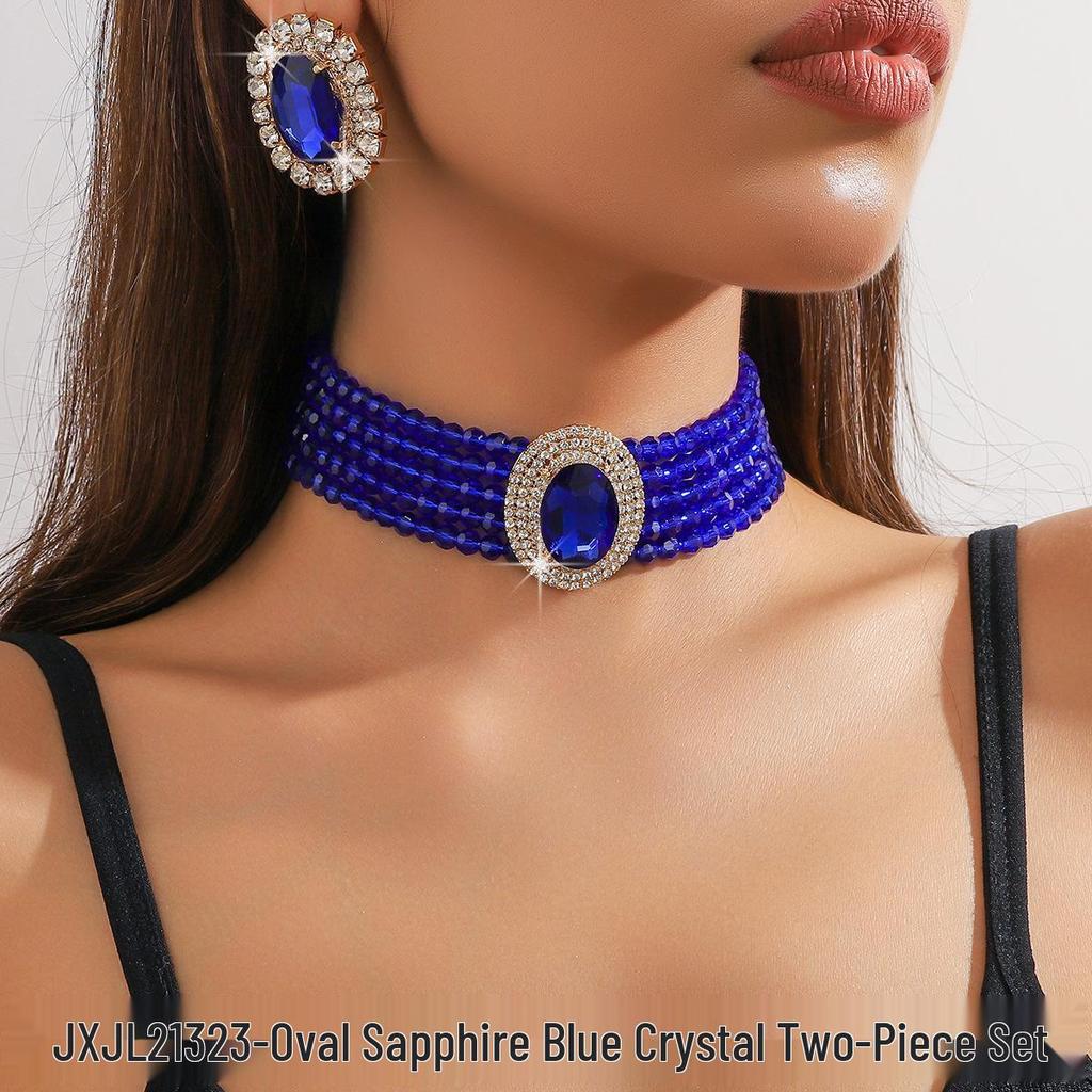 Luxusní vícevrstvý geometrický křišťálový choker a sada barevných náušnic