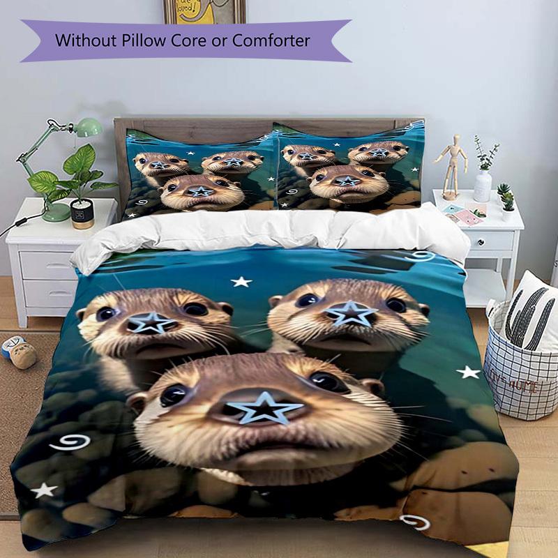 3-teiliges Anime-Otter-Selfie-Bettwäsche-Set - Enthält einen Bettbezug und zwei Kissenbezüge (Kein Kern) - Polyesterstoff, Perfekt für Schlafzimmer und Gäste