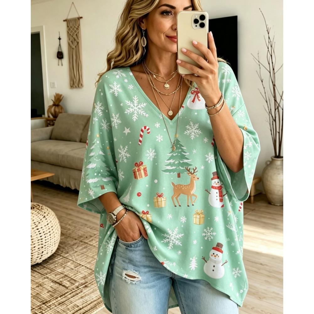 Halloween Printed T-shirt, Pumpkin Lantern Ghost T-shirt, Plus Size Women's V-neck Bat Sleeve Seven Quarter Sleeve Casual Top