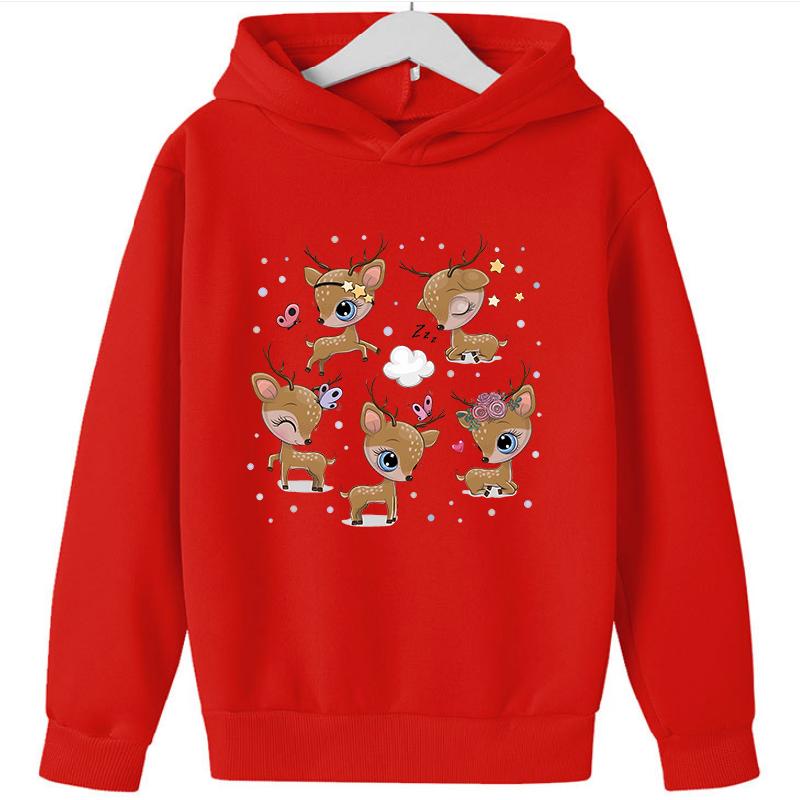 2025 Popular Christmas Casual Round Neck Reindeer Print Children's Hoodie, Long Sleeved Girls' Sportswear, Comfortable and Versatile Top