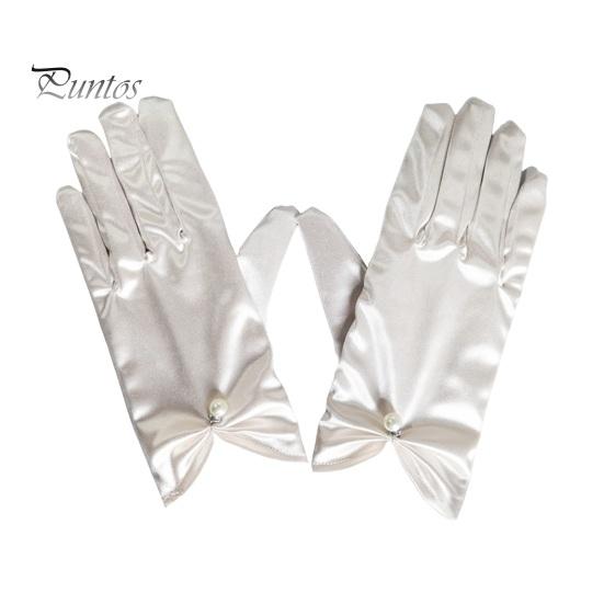 1 paio di guanti da sposa da sposa plissettati lisci in raso antiscivolo con decorazioni in perle finte elastiche di colore puro per ballo, banchetto, cocktail party, guanti da donna