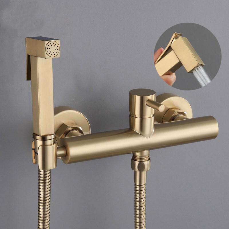 Bidet Faucet Set Brush Gold Wall Mounted Bathroom Bidet faucet High Pressure toilet gun Brass
