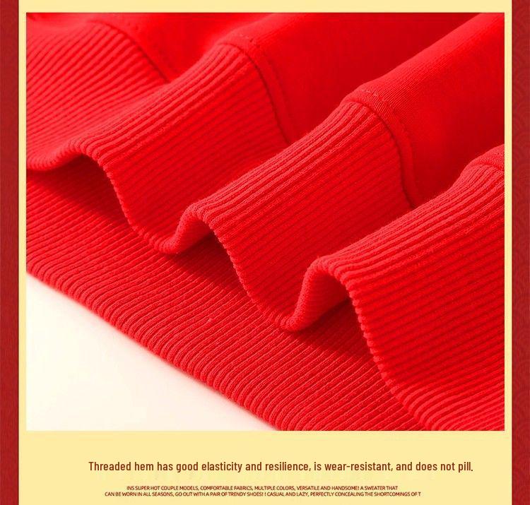 Men's Red Teen Hoodie, Year of the Horse 2026, Velvet-Lined, Autumn/Winter Junior High School Top