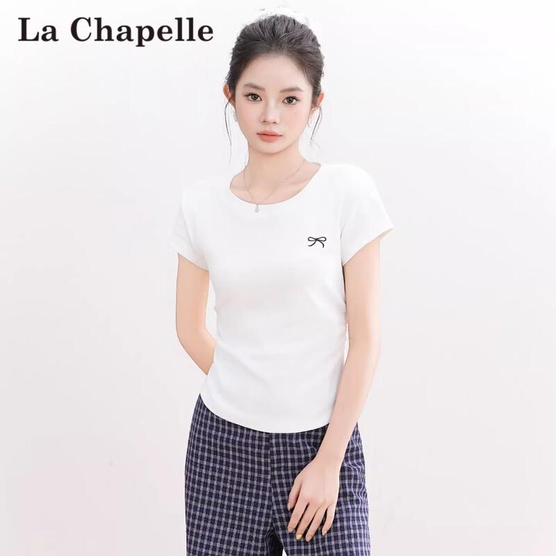 La Chapelle Women's Pleated Bow Embroidery Short Sleeve T-Shirt