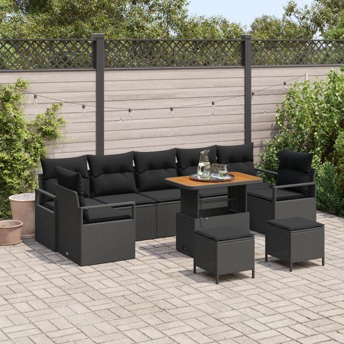 Ensemble de canapé de jardin 10 pièces avec coussins Noir Poly Rattan Acacia, Canapé de jardin 2 places avec rangement 3364459